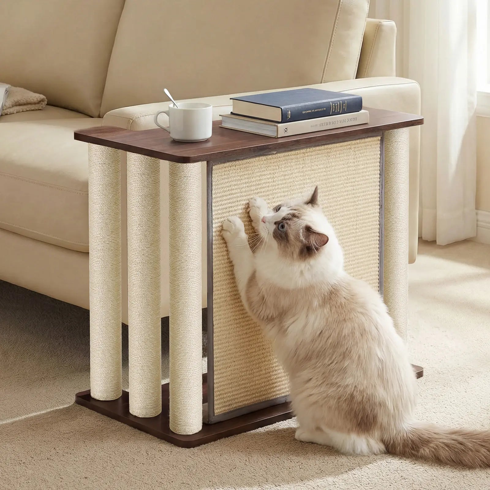 VEEHOO Cat Scratch-Resistant Couch Protector with End Table, Scratching Panel, and Posts - Black Walnut, Right Orientation
