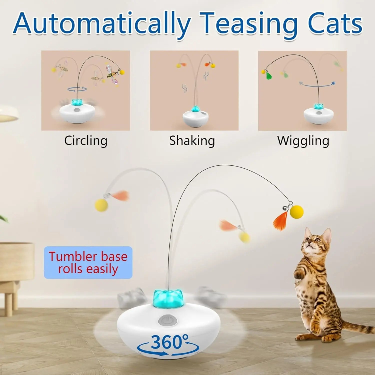 Oxawo Interactive Cat Exercise Tumbler with Rechargeable Features - Spin Butterfly Game and Extra Long Feather Wand for Indoor Cats
