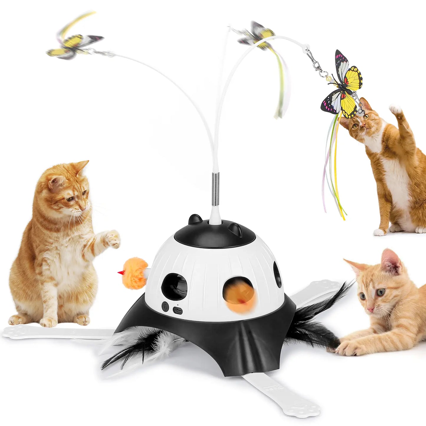 Automatic Interactive 3-in-1 Kitten Toy Set with Fluttering Butterfly and Moving Feather, USB Powered with Four Exercise Modes