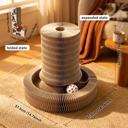 Eco-Friendly Foldable Cat Scratcher Post with Multi-Form Interactive Trackball Toy - 14.8" Base Diameter x 10.2" Height