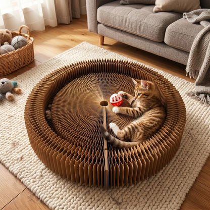 Eco-Friendly Foldable Cat Scratcher Post with Multi-Form Interactive Trackball Toy - 14.8" Base Diameter x 10.2" Height