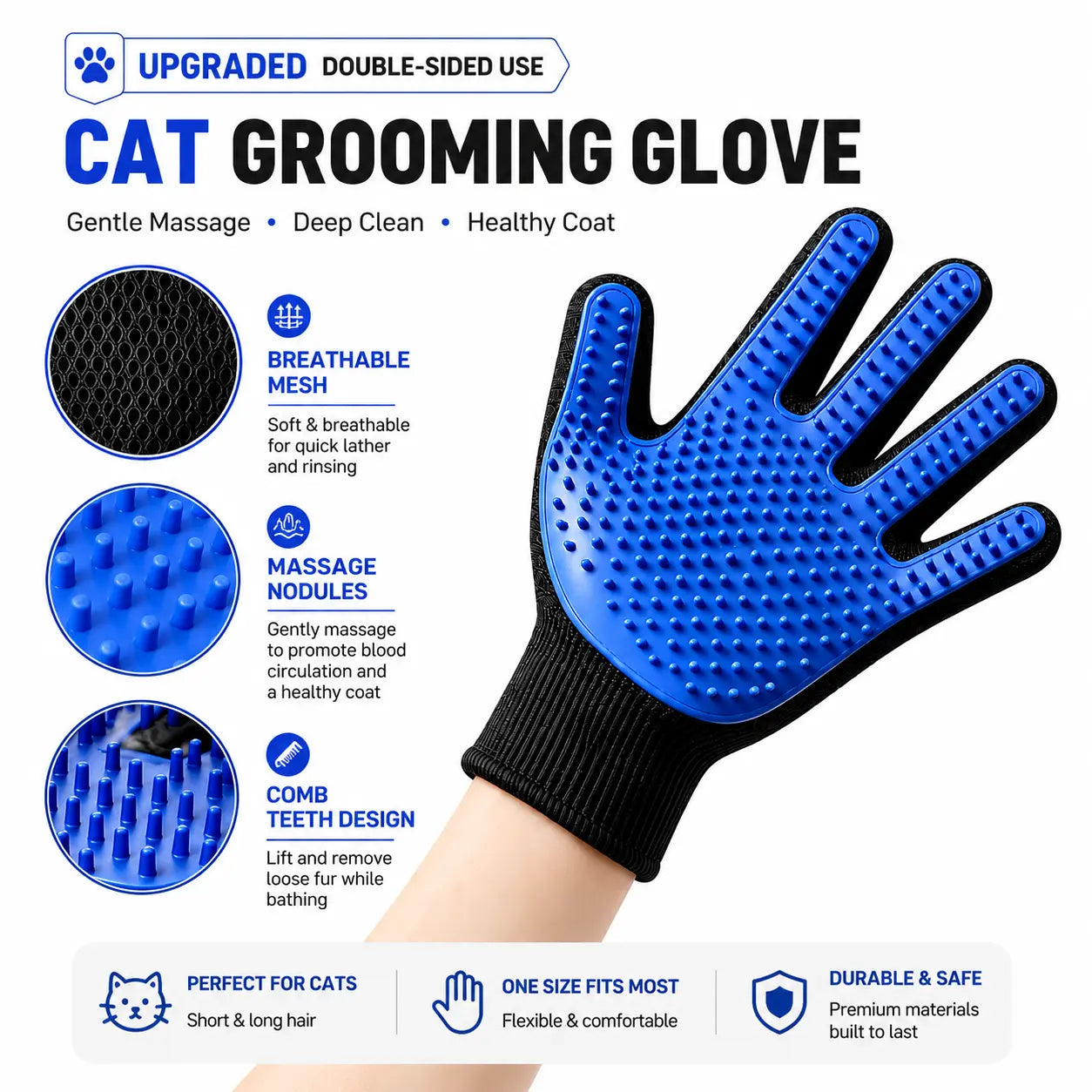 Pet Grooming Glove - Dual-Function Deshedding Brush and Silicone Massage Tool for Effective Fur Removal in Long and Short Haired Dogs and Cats