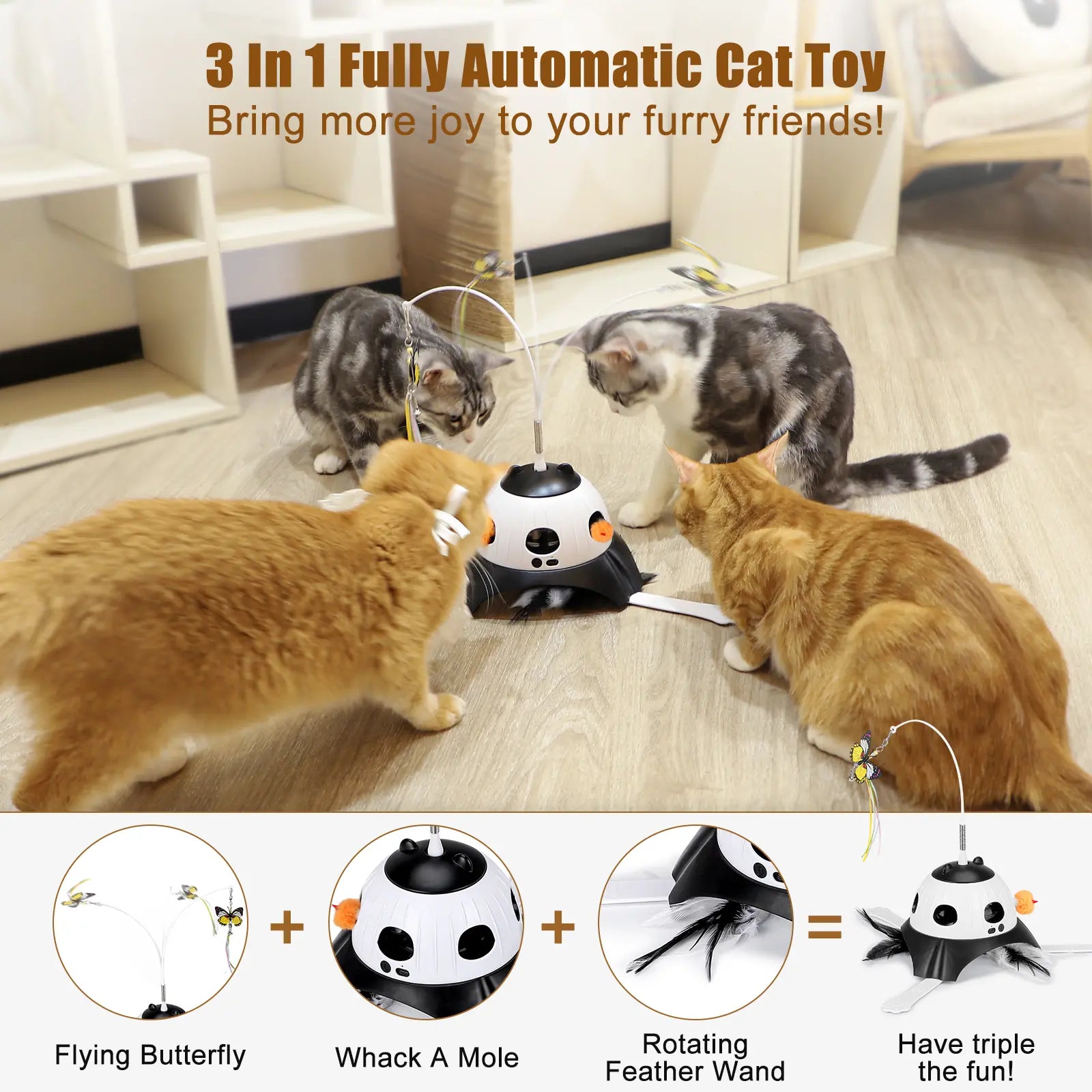 Automatic Interactive 3-in-1 Kitten Toy Set with Fluttering Butterfly and Moving Feather, USB Powered with Four Exercise Modes