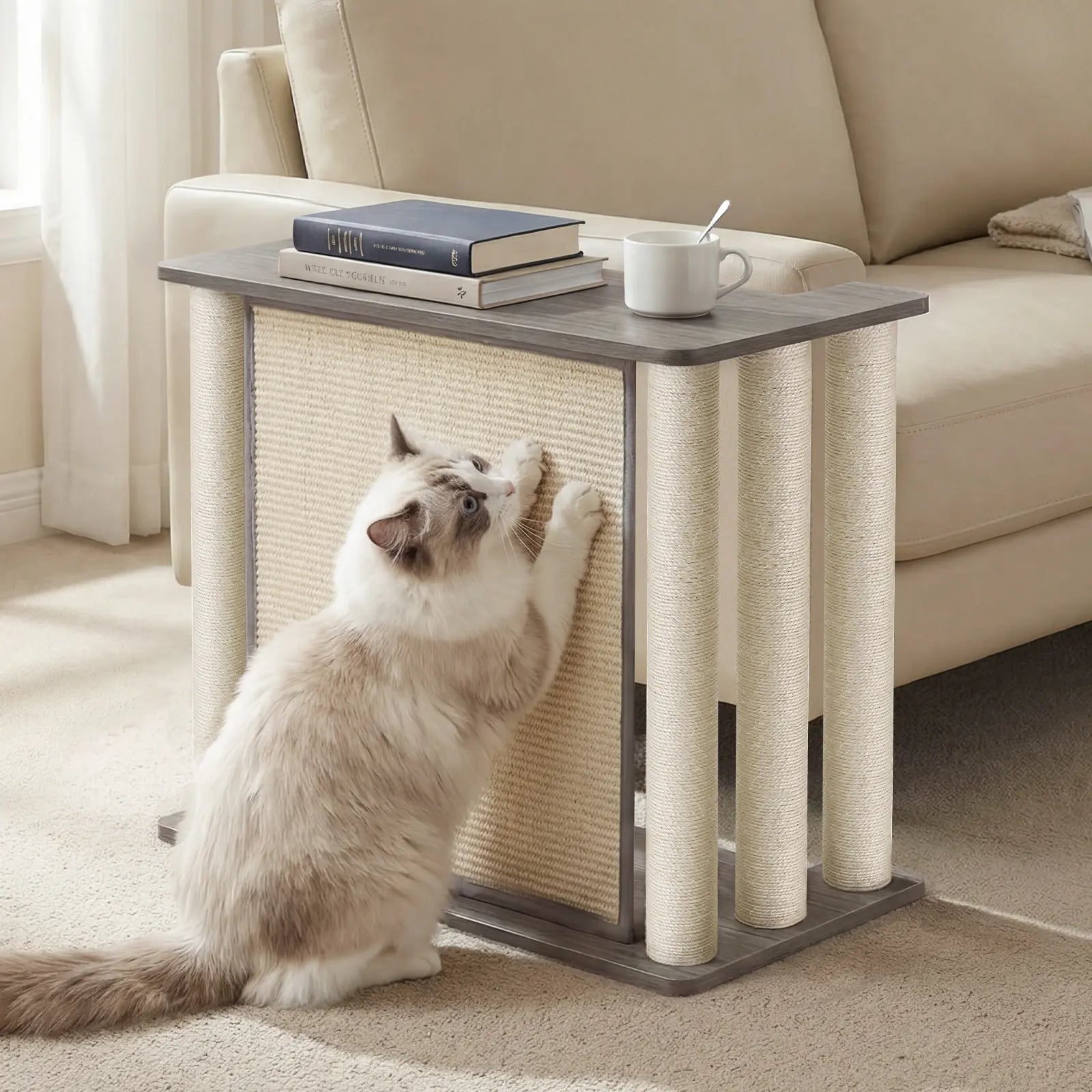 VEEHOO Cat Scratch-Resistant Couch Protector with End Table, Scratching Panel, and Posts - Black Walnut, Right Orientation