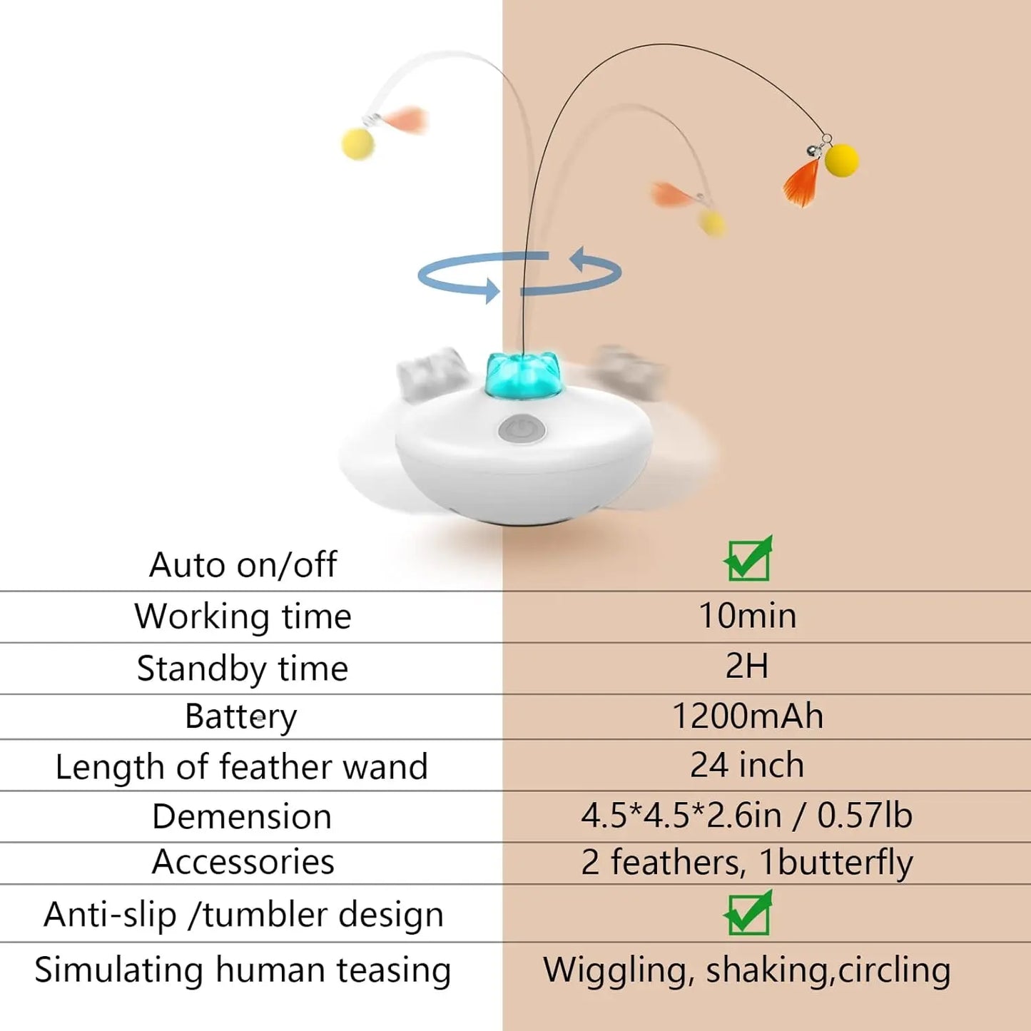 Oxawo Interactive Cat Exercise Tumbler with Rechargeable Features - Spin Butterfly Game and Extra Long Feather Wand for Indoor Cats