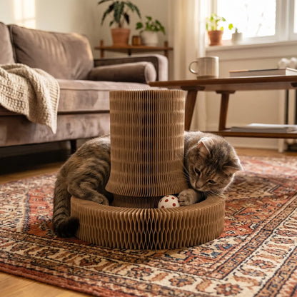 Eco-Friendly Foldable Cat Scratcher Post with Multi-Form Interactive Trackball Toy - 14.8" Base Diameter x 10.2" Height