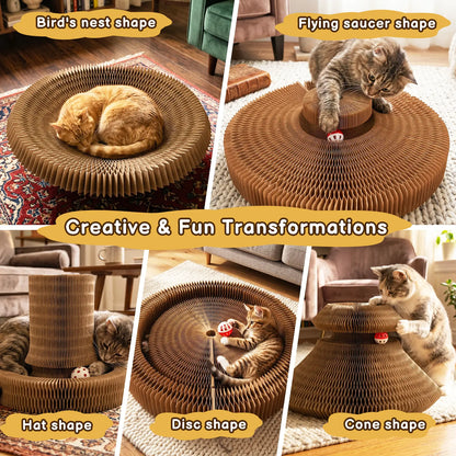 Eco-Friendly Foldable Cat Scratcher Post with Multi-Form Interactive Trackball Toy - 14.8" Base Diameter x 10.2" Height