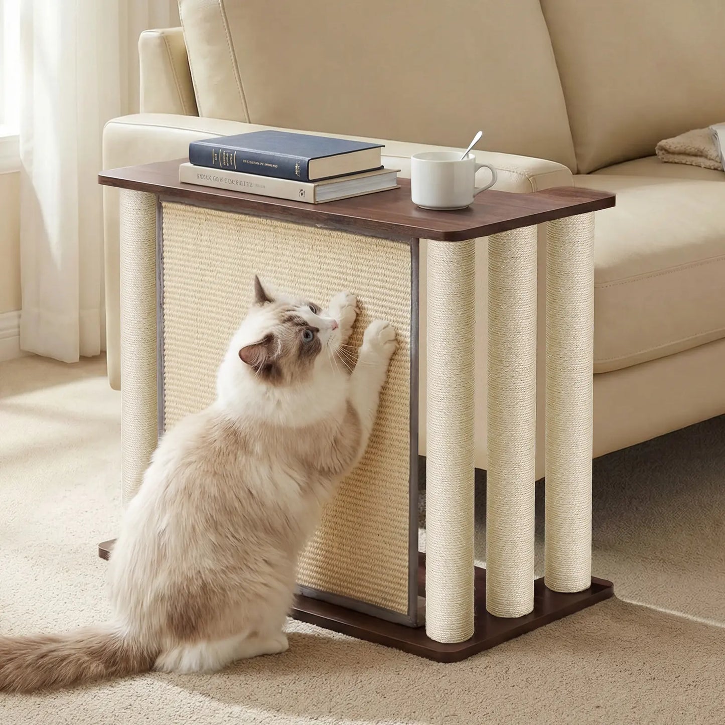 VEEHOO Cat Scratch-Resistant Couch Protector with End Table, Scratching Panel, and Posts - Black Walnut, Right Orientation