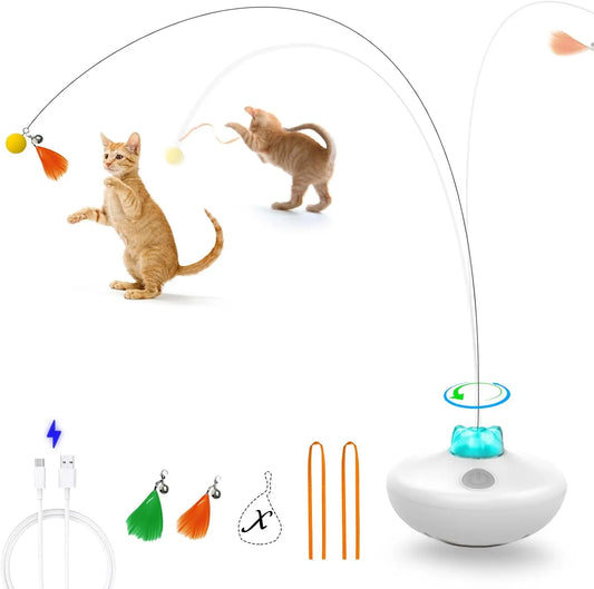 Oxawo Interactive Cat Exercise Tumbler with Rechargeable Features - Spin Butterfly Game and Extra Long Feather Wand for Indoor Cats