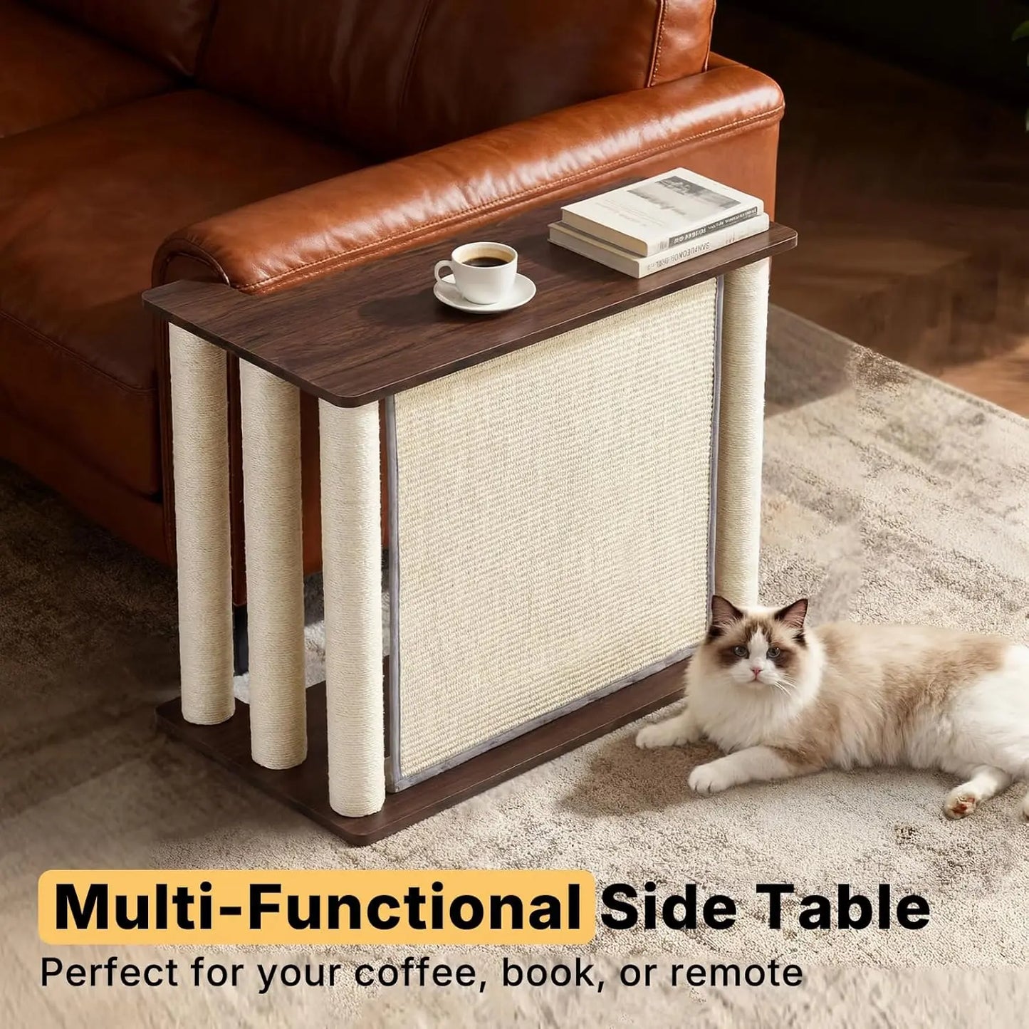 VEEHOO Cat Scratch-Resistant Couch Protector with End Table, Scratching Panel, and Posts - Black Walnut, Right Orientation