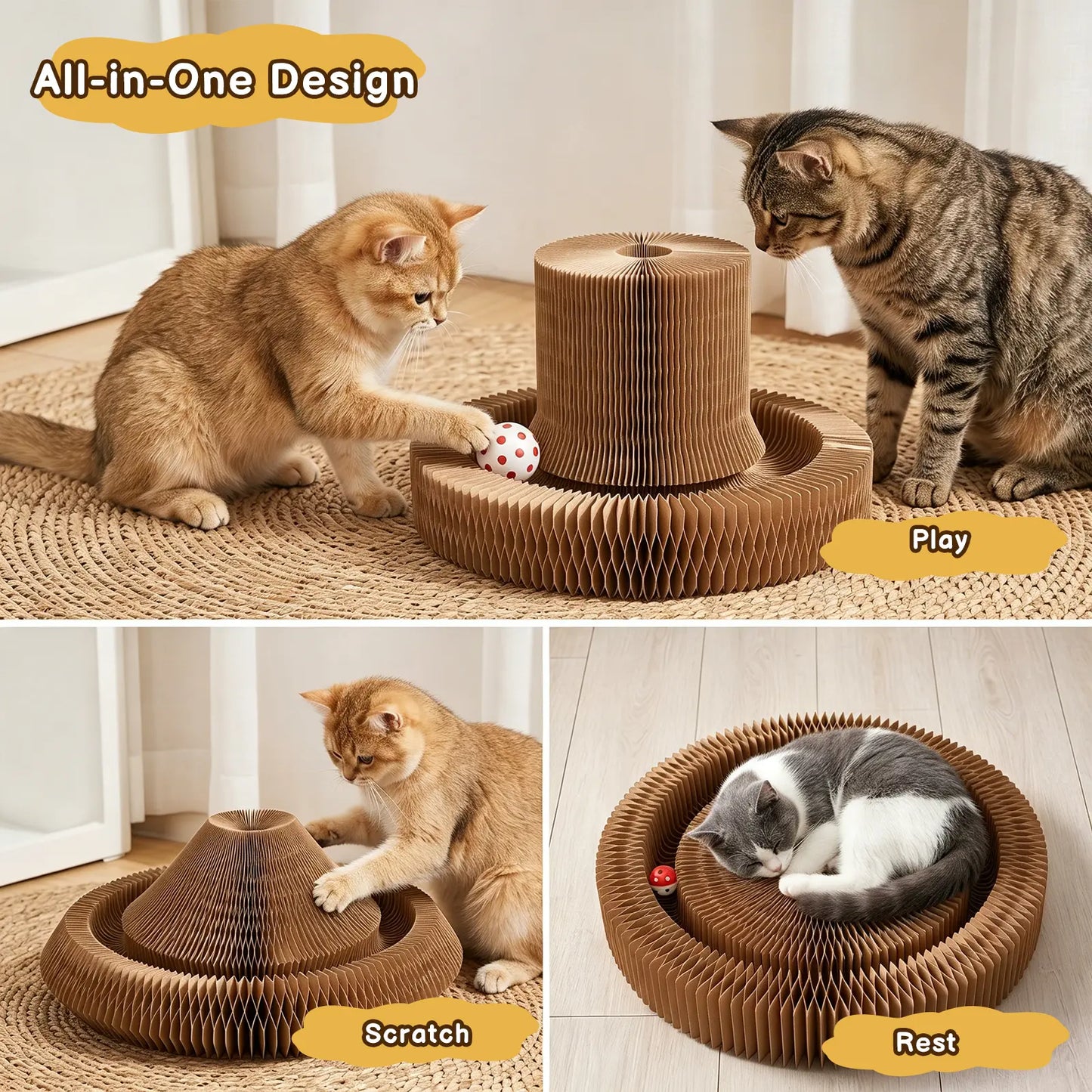 Eco-Friendly Foldable Cat Scratcher Post with Multi-Form Interactive Trackball Toy - 14.8" Base Diameter x 10.2" Height