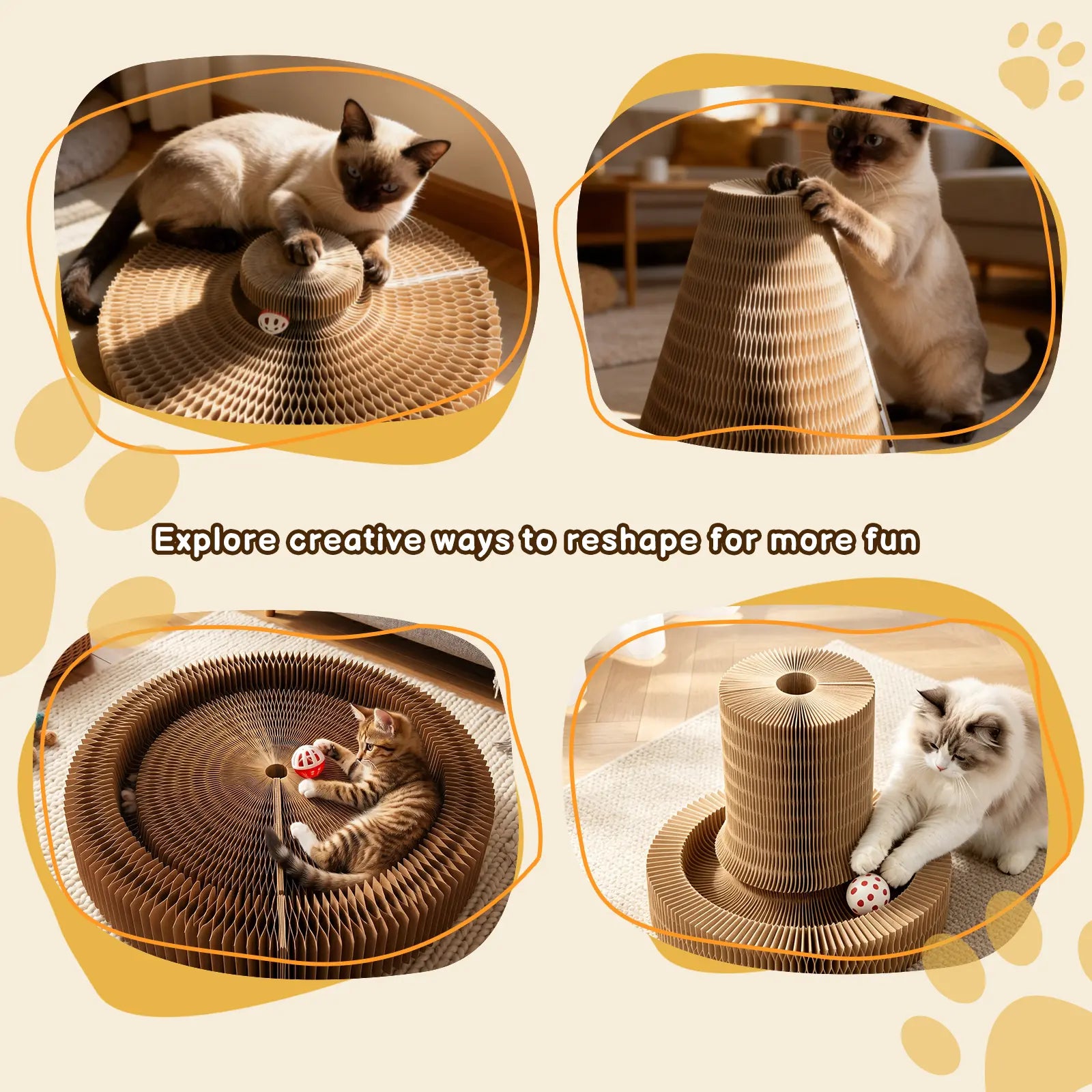 Eco-Friendly Foldable Cat Scratcher Post with Multi-Form Interactive Trackball Toy - 14.8" Base Diameter x 10.2" Height
