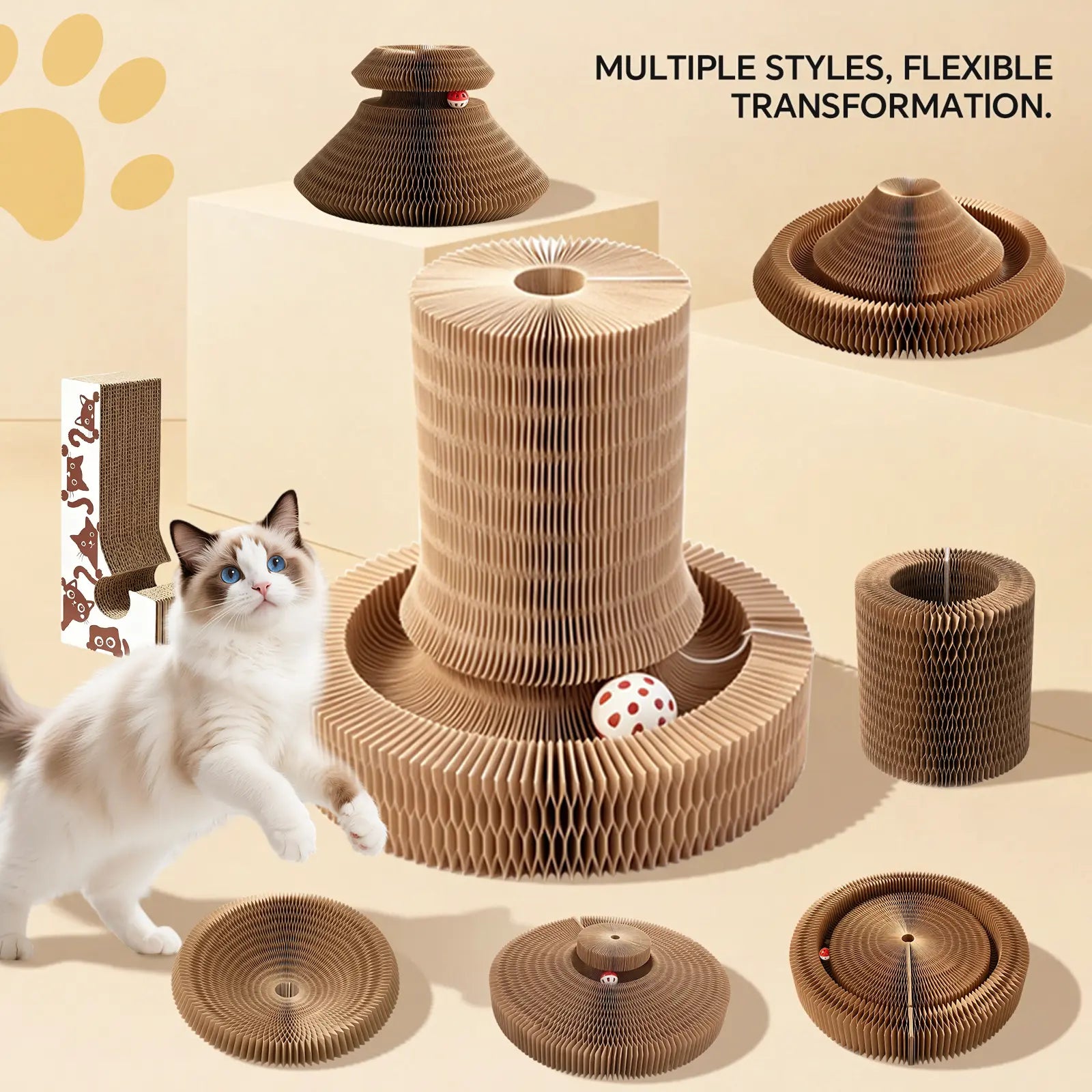 Eco-Friendly Foldable Cat Scratcher Post with Multi-Form Interactive Trackball Toy - 14.8" Base Diameter x 10.2" Height