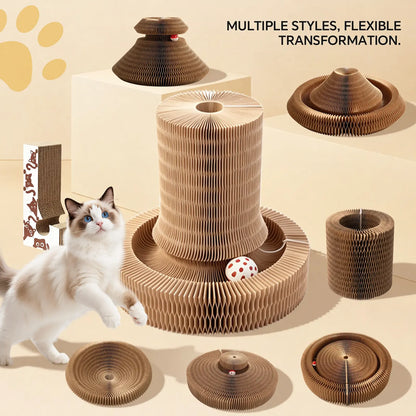 Eco-Friendly Foldable Cat Scratcher Post with Multi-Form Interactive Trackball Toy - 14.8" Base Diameter x 10.2" Height
